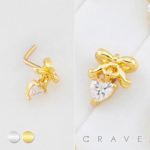 RIBBON DANGLE HEART WITH BEZEL CZ 316L SURGICAL STEEL L-SHAPE NOSE RING